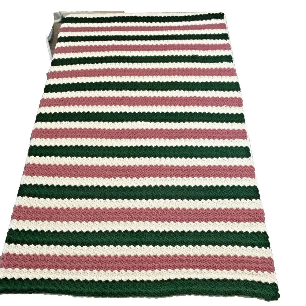 Handmade Crochet Striped Bed Throw Blanket Green White Mauve 48 x 65 in